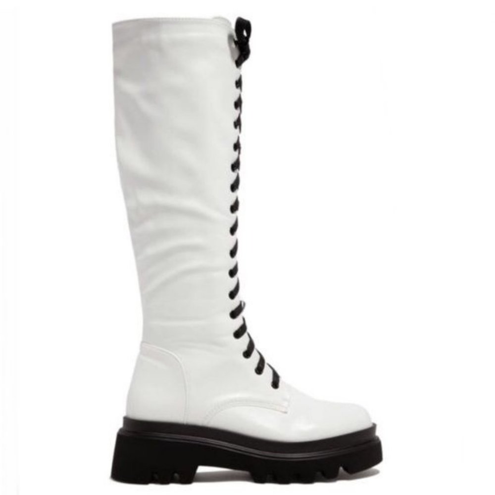 !! NEW !! Knee High Lack Up Combat Boots with Side Zip in Taupe - Picture 7 of 8